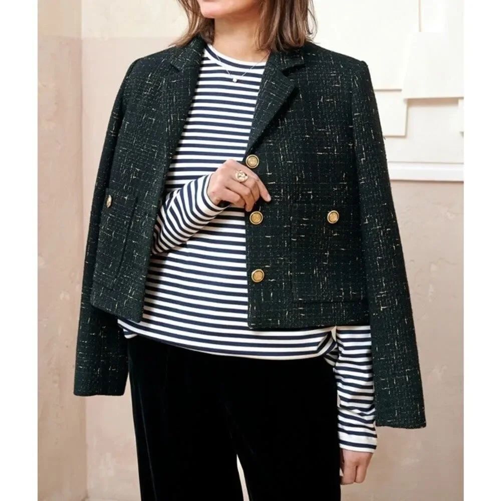 NWT House of Harlow 1960 Tweed Jacket Black Gold Cropped Blazer XS